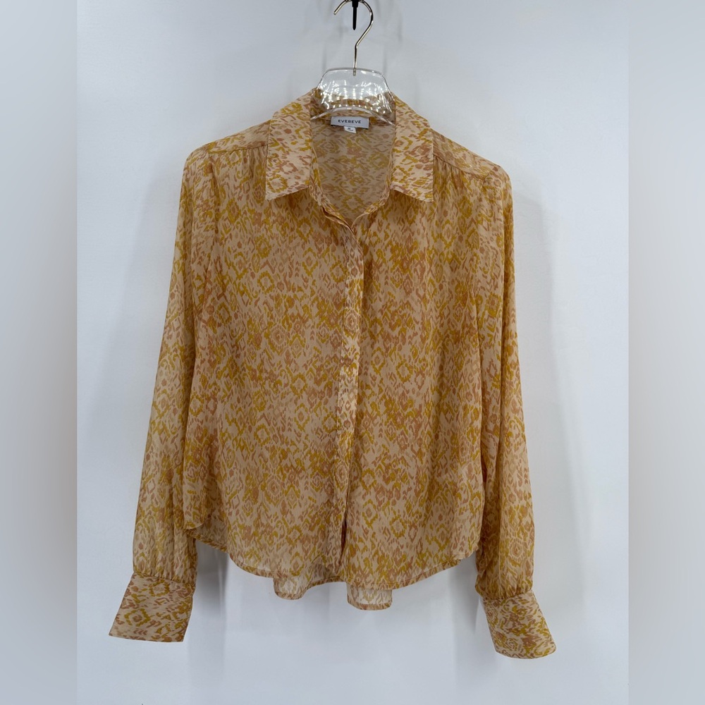Evereve Ikat Print Yellow Beige Button-Down Sheer Blouse size medium